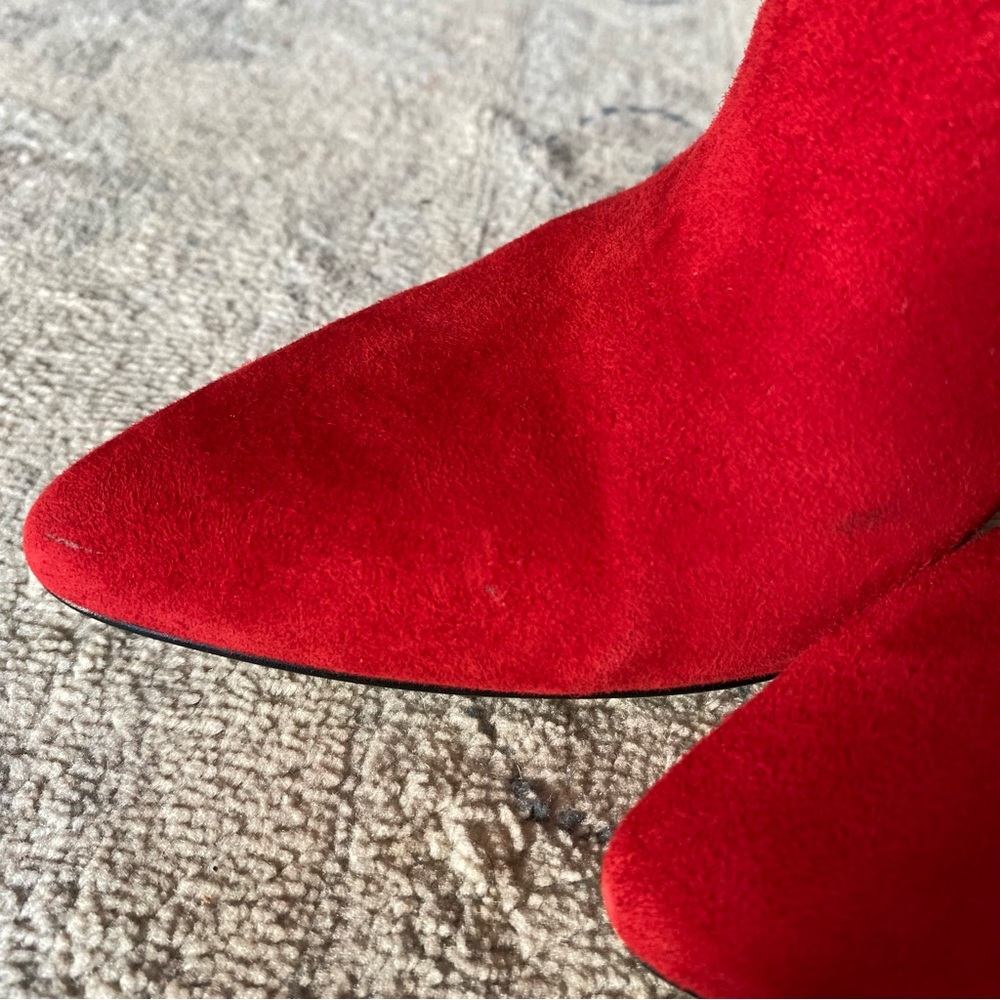 Red Suede Leather Block Heel Pointed Toe Boots Ch… - image 4